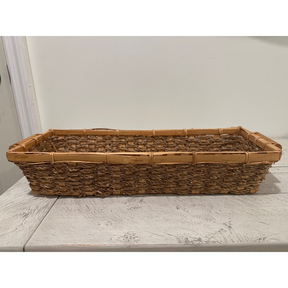 Woven Seagrass and Bamboo Rectangular Storage Basket Tray with Handles